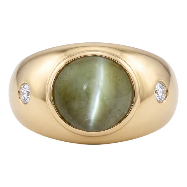 14ky Gold Gia Certified 7.11 Carat Natural Cat's Eye Chrysoberyl & Diamond Ring For Sale