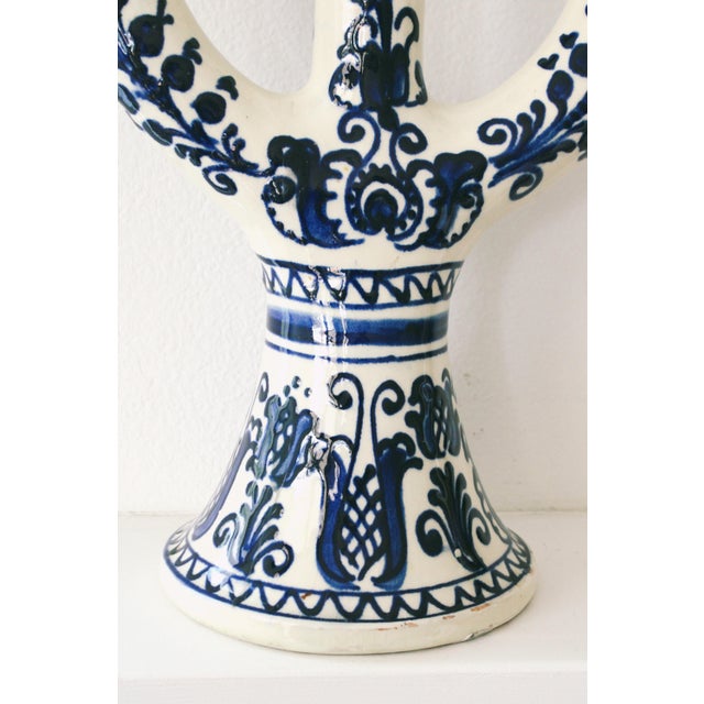 Folk Art Hungarian Folk Art Earthenware Pottery Candelabra/Cobalt Blue For Sale - Image 3 of 4