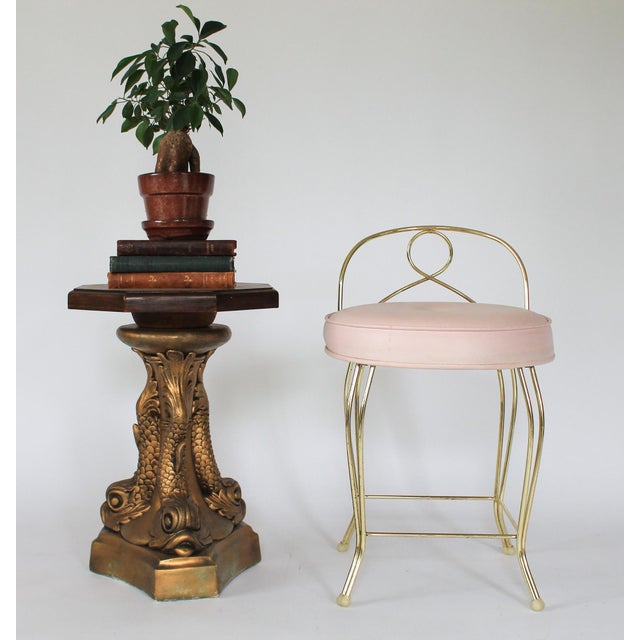 Vintage Pale Pink & Brass Vanity Seat / Stool / Chair For Sale - Image 4 of 16