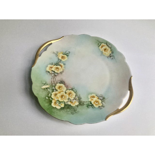 JR Hubschenreuther attributed hand painted Green & Yellow Floral Porcelain Cake Plate. Tray. Desserts. Hors D'oeuvres....
