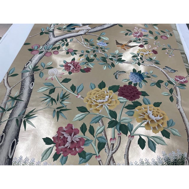 Chinoiserie Champagne Gold Leaf Chinoiserie Hand-Painted Peacock & Floral Wall Panels (Set of 4) For Sale - Image 3 of 5