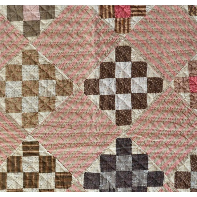 Early 20th C Hand-Quilted Variation of a Nine Patch Cotton Quilt. - For Sale - Image 10 of 11