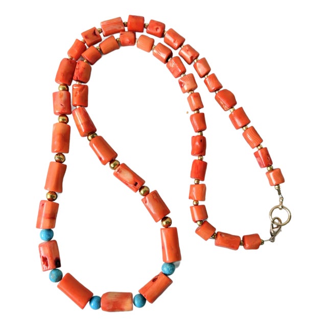 Coral Branch and Turquoise Beaded Necklace With Antiqued Gold Tone Spacers - Designed by Matthew Izzo For Sale