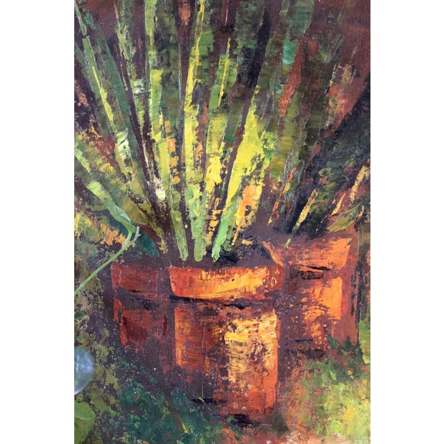 Pair of houseplant paintings - heavily textured - 70s paintings - midcentury - boho - green paintings - still life - vertical painting -gift For Sale - Image 4 of 10