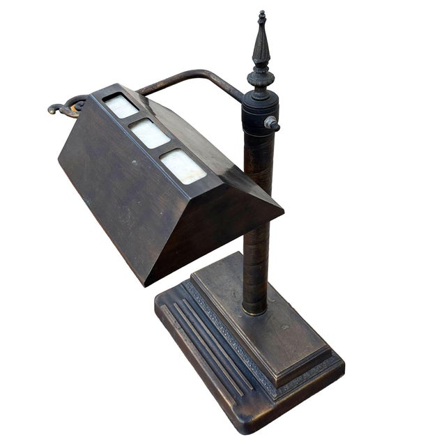 Arts & Crafts 1920s Arts & Crafts Mission Bronze Wash Brass Desk Lamp W/ Clerestory Glass Insets For Sale - Image 3 of 8