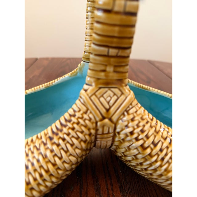 Tan Sarreguemines French Majolica Ceramic Trompe L’oeil Basket With Faux Bamboo Wicker Detailing and Blue Interior For Sale - Image 8 of 12