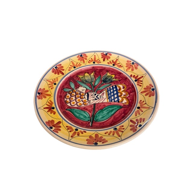 Vintage Hand-Painted Mediterranean Terracotta Wall Accent Plate With Bird & Tulip Motif For Sale - Image 4 of 11