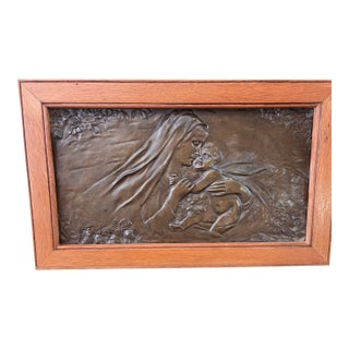 Antique Madonna & Child Bronze Wall Plaque Art Bas Rellief Sculpture Art Nouveau For Sale