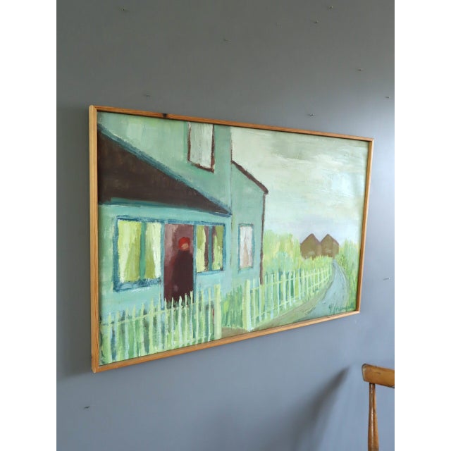 Mid-Century Modern 'Waiting at the Door' Swedish Expressive Street Scene Landscape Oil Painting, Framed For Sale - Image 4 of 11
