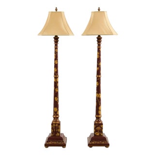 Late 20th Century Lacquered Wood Chinoiserie Gilt Decorated Floor Lamps - a Pair For Sale