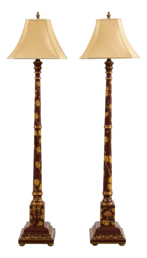 Late 20th Century Lacquered Wood Chinoiserie Gilt Decorated Floor Lamps - a Pair