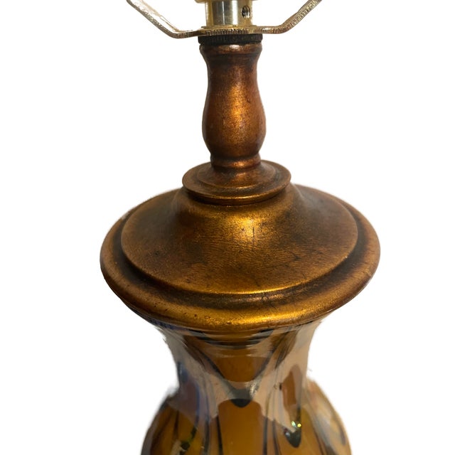 Vintage Iridescent Art Glass Table Lamps-Murano Style Amber Feather Patten - A Pair For Sale - Image 11 of 17