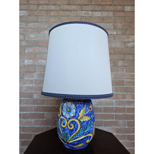Painted Ceramic Table Lamp with Fabric Lampshade, 1970s For Sale - Image 16 of 16