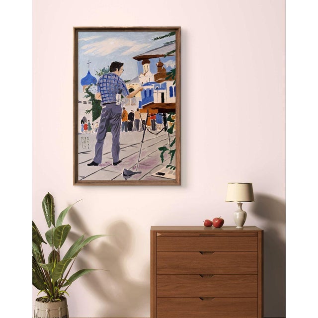 "City Master" is an evocative Oil painting that captures a scene of an artist at work in a bustling city square. The...