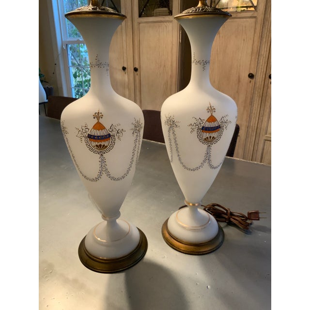 White and Gold Glass Antique Opaline Lamp - a Pair of Bristol Enameled glass vases mounted as lamps. Beautiful white...