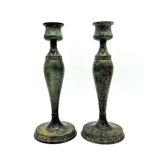 Vintage Brass Candlesticks With Verdigris Finish – Pair – Neoclassical / European Traditional For Sale - Image 9 of 9