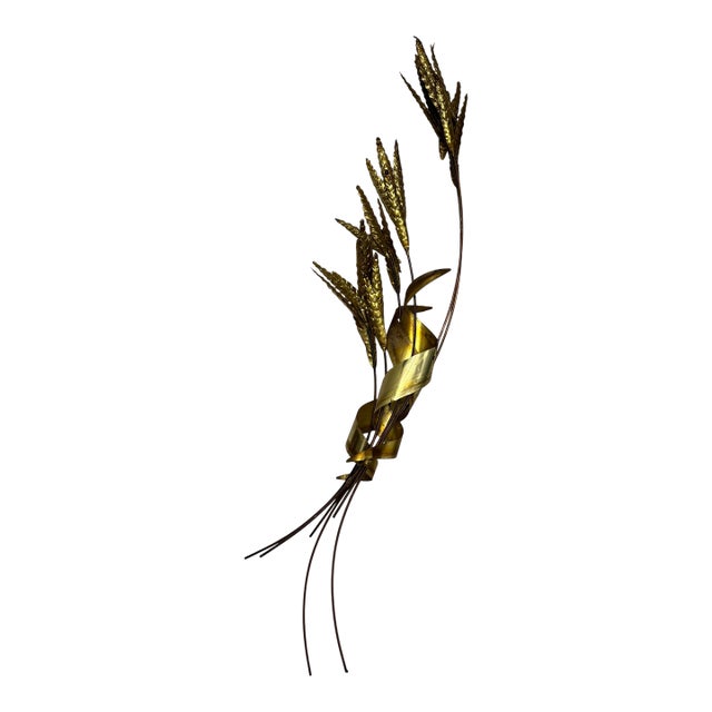 Vintage Brass Wheat Wall Sculpture With Copper Stems, Mid Century Modern Botanical Wall Art, 30” For Sale