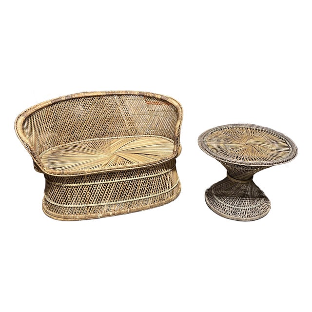 Vintage Wicker Double Seater Sofa and Side Table For Sale