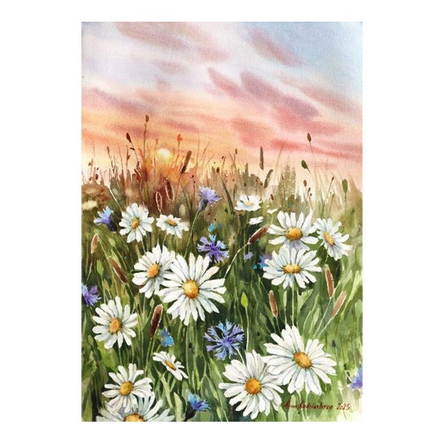 Sunset Daisies - Original Green Pink Floral Landscape Watercolor Painting on Paper For Sale
