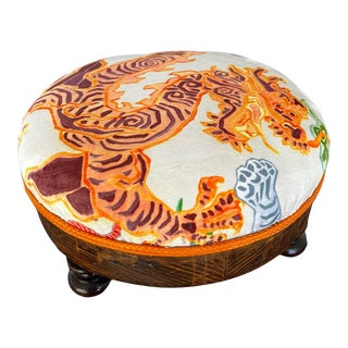 Refinished Antique Small Round Footstool With Asian Velvet Dragon For Sale