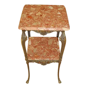 1990s Italian Square Bronze and Marble Two Tier End Table Pedestal Table