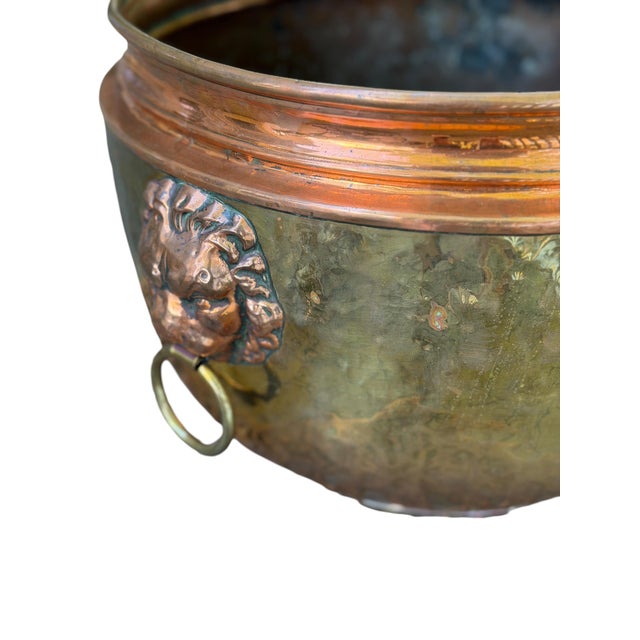Large 14" Antique French Repoussé Copper Jardinière, 19th Century Alliance Coat of Arms Cachepot, Lion Head Handles, French Planter For Sale - Image 10 of 15