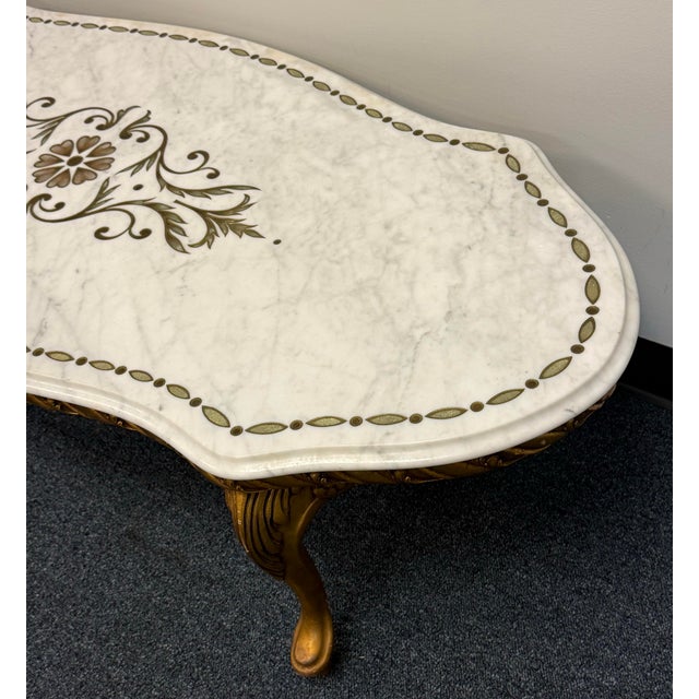 1960s Mid 20th Century Rococo Etched Floral Motif Marble Top Giltwood Coffee Table For Sale - Image 5 of 10