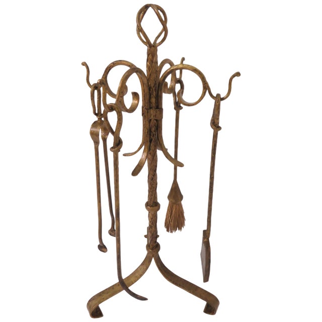 Hollywood Regency Gilt Metal Fireplace Tools With Stand, Circa 1940s For Sale