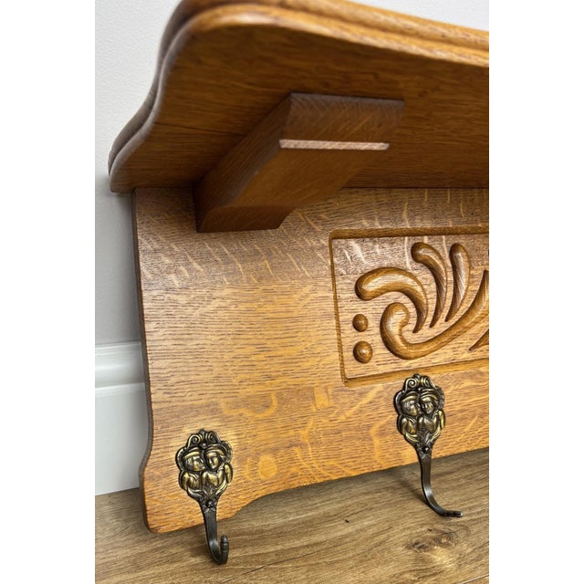 Vintage French Carved Oak Wall Mounted Six Hooks For Sale - Image 4 of 11