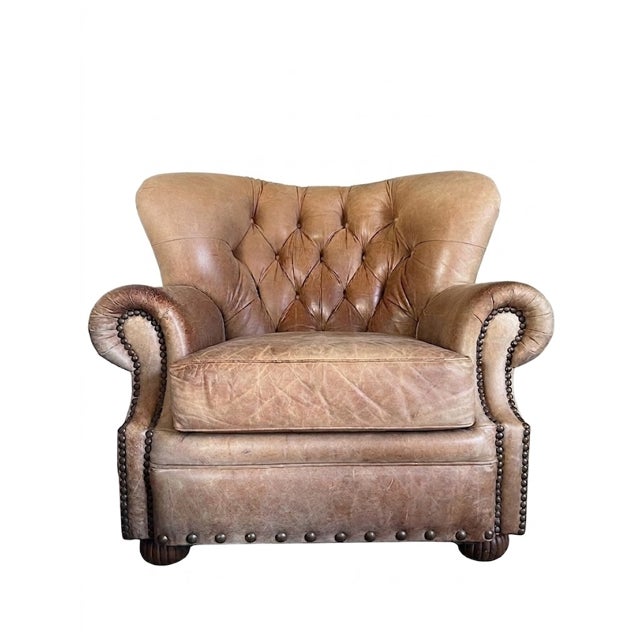English Vintage Bradington-Young Hand-Brushed Aniline Leather Tufted English Club Suite With Wingback Chair, Ottoman and Loveseat For Sale - Image 3 of 14
