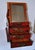Paint Inscribed Red Laquer Metal Mounted Wooden Vanity Box Case Chest With Mirror and Drawers For Sale - Image 7 of 12