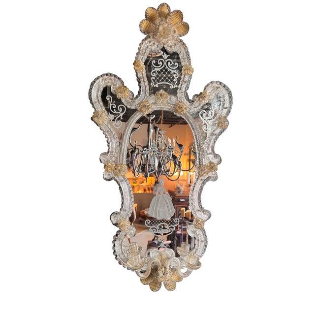 19”W x 37 1/4”H x 4”D Elevate your interiors with this rare and highly desirable Italian Venetian art glass girandole...