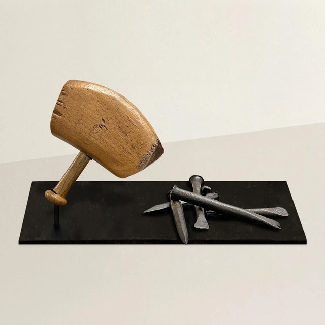 An incredible and rare set of 19th century French stone carver's wooden mallet and six iron chisels, mounted on a custom...