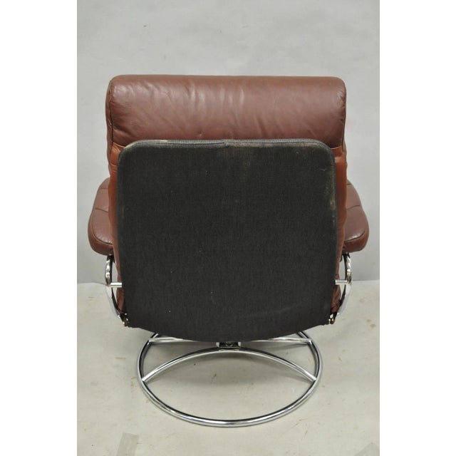 Vintage Ekornes Stressless Brown Leather Reclining Swivel Lounge Chair & Ottoman For Sale - Image 17 of 18