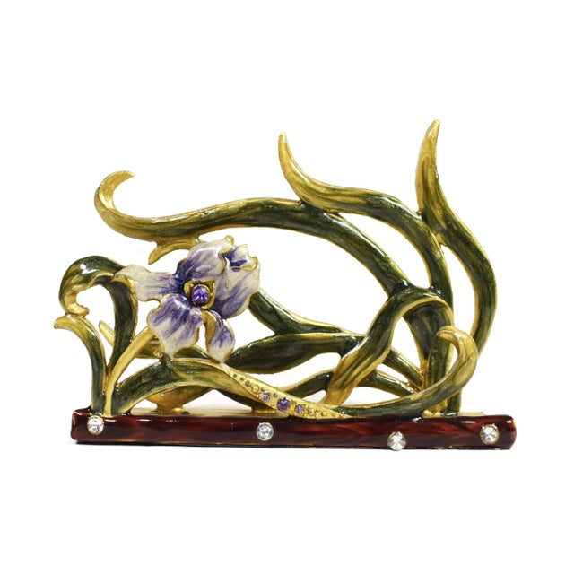Brass Vintage Enamel Rhinestones Flower Brass Desktop Business Card Holder For Sale - Image 8 of 8