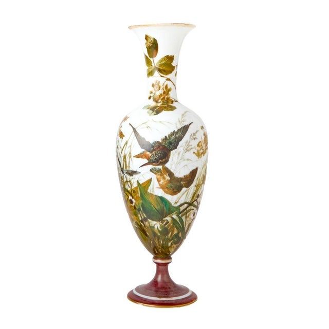 Green Exquisite Pair of 19th Century French Hand-Painted Opaline Glass Decorative Vase For Sale - Image 8 of 10