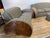 Art deco living room set. Sofa, loveseat, lounge chair, 2 stools. Set is sound, solid. Walnut veneer panels. Fabric is in...