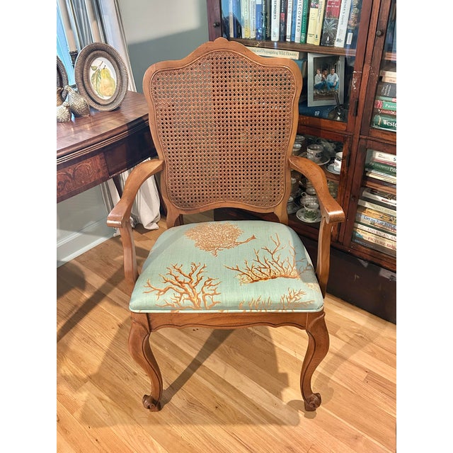 1964 French Style Louis XV Armchair With Caned Back and Thibaut “Coral Gables” Upholstered Seat For Sale - Image 10 of 14