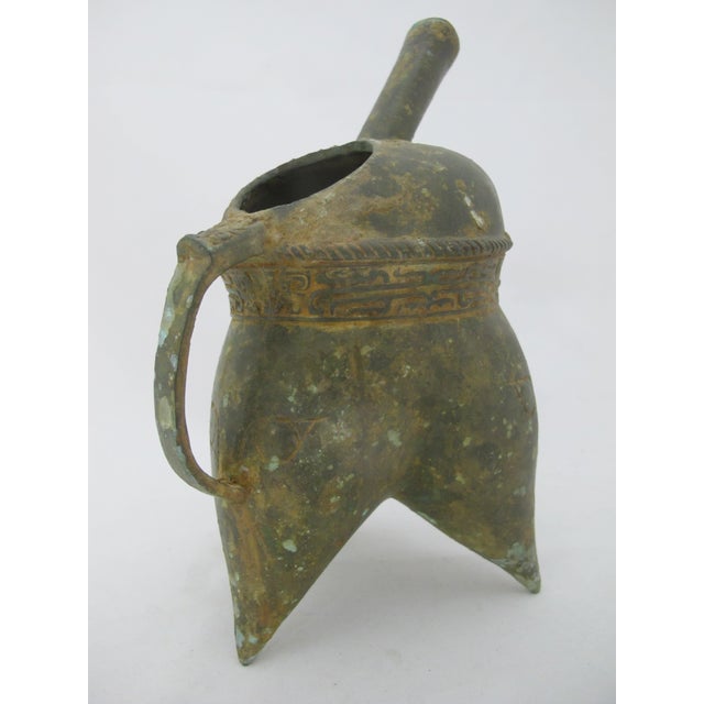 Chinese Bronze Ware Taotie Face Portable Wine Ritual Tripod Pot Vessel For Sale - Image 10 of 14