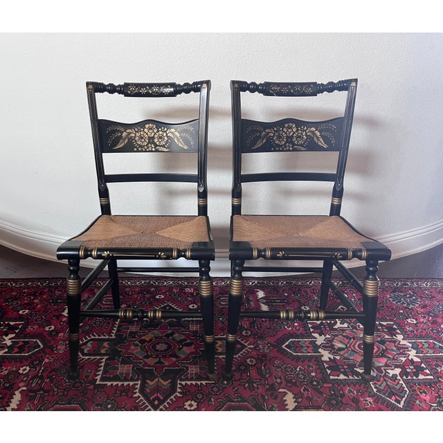 Black Set of 2 - Vintage Hitchcock Style Stenciled, Black and Gold Painted Chairs, Rush Seats For Sale - Image 8 of 12