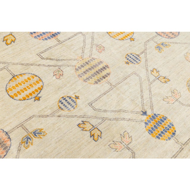 Modern Khotan Style Hand-Knotted Cream Wool Rug Pomegranate Tree of Life Design For Sale - Image 11 of 11
