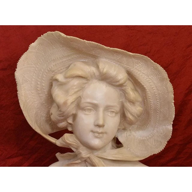 Galileo Pochini, Bust of Young Girl with Hat, 19th Century, Marble and Alabaster For Sale - Image 6 of 11