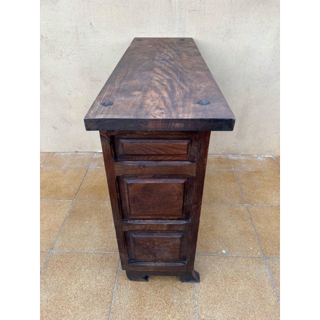Brown 1940s Spanish Rustic Carved Solid Wood Sideboard with Wrought Iron Details For Sale - Image 8 of 9