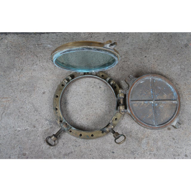 Brass Early 20th Century Solid Brass Ships Porthole Window Nautical Maritime For Sale - Image 8 of 13