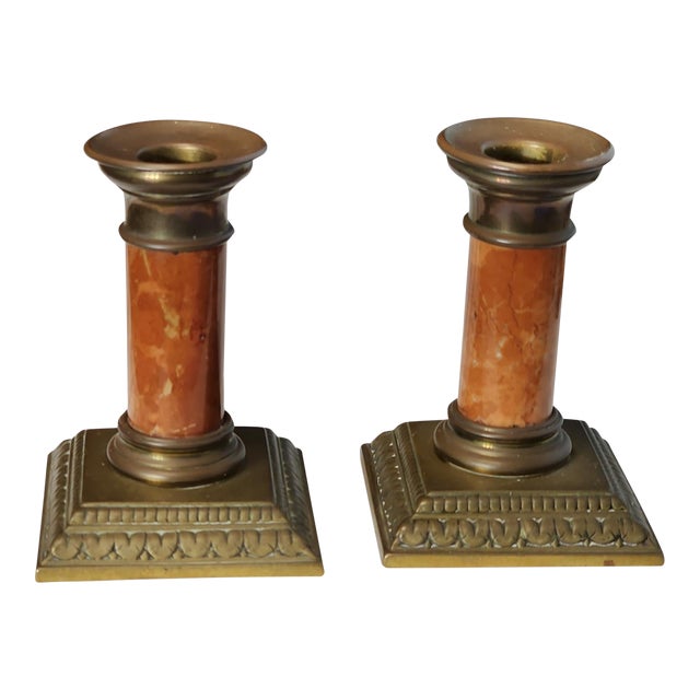 1930s Brass and Marble Candlestick Holders - a Pair For Sale
