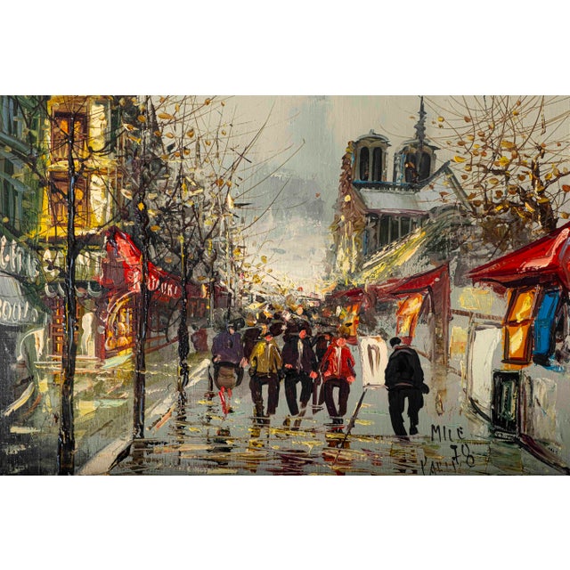A wonderfully atmospheric original oil on canvas signed MILE and dated 1978, depicting a rainy Parisian street filled with...