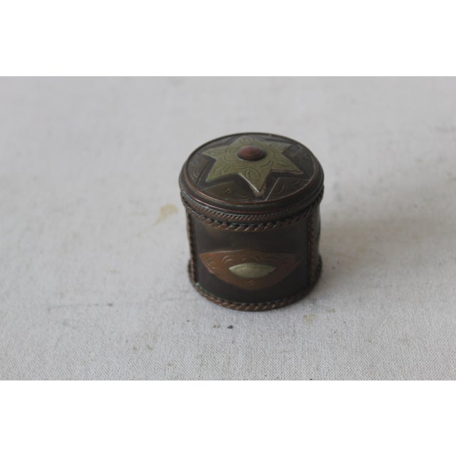1970s Vintage Spanish Style Cylindrical Brass Copper White Metal Lidded Container With Patina Star Detail For Sale - Image 5 of 9