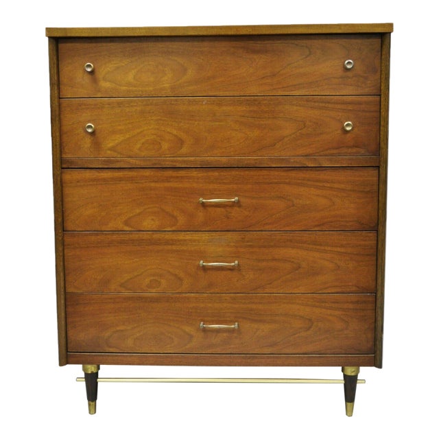 Vintage Mid Century Modern Walnut Tall Chest Dresser by Bassett Brass Stretcher Base Chairish