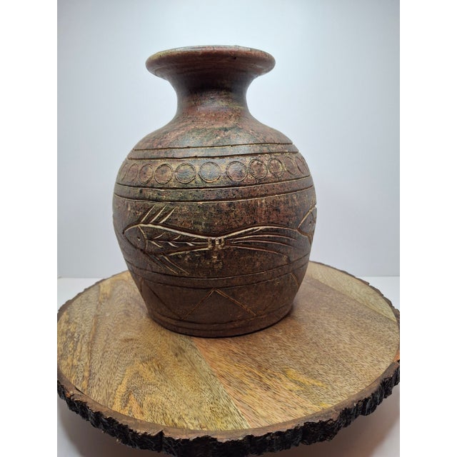 Mid 20th Century Kenyan Kisii Soapstone Vase With Incised Fish and Geometric Motifs - Hand-Carved For Sale In Boston - Image 6 of 11