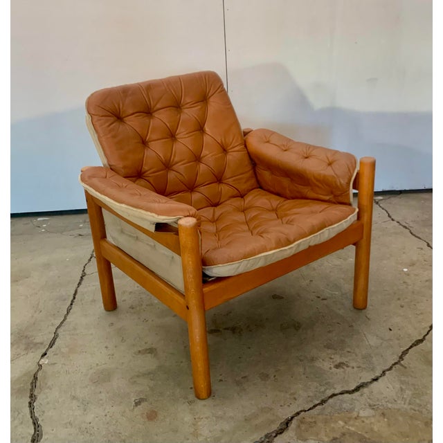 Postmodern 1980s Tan Leather "Irevik" Armchair and Ottoman Designed by Sture Eng and Kjell Nordin for Ikea For Sale - Image 3 of 17